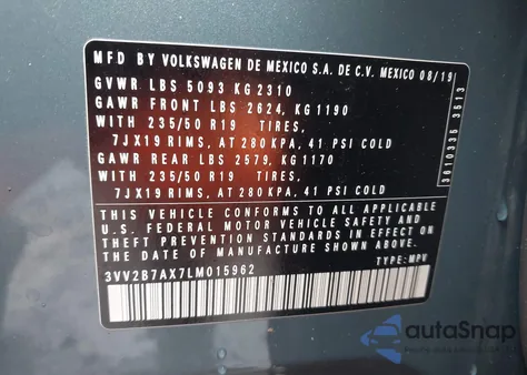2020 Volkswagen Tiguan 2.0T Se/2.0T Se R-Line Black/2.0T Sel z USA, uszkodzony, nr VIN 3VV2B7AX7LM015962